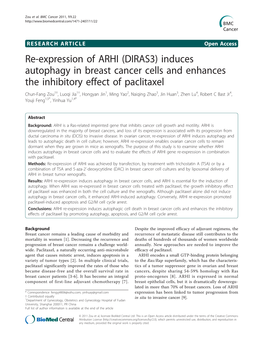 Re-Expression of ARHI (DIRAS3) Induces Autophagy in Breast Cancer Cells and Enhances the Inhibitory Effect of Paclitaxel