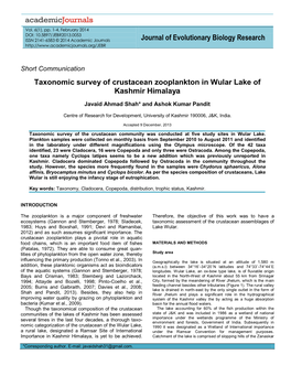 Journal of Evolutionary Biology Research Taxonomic Survey of Crustacean Zooplankton in Wular Lake of Kashmir Himalaya