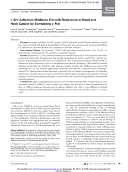 C-Src Activation Mediates Erlotinib Resistance in Head and Neck Cancer by Stimulating C-Met