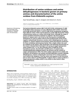 Distribution of Amine Oxidases and Amine Dehydrogenases in Bacteria Grown on Primary Amines and Characterization of the Amine Oxidase from Klebsiella Oxytoca