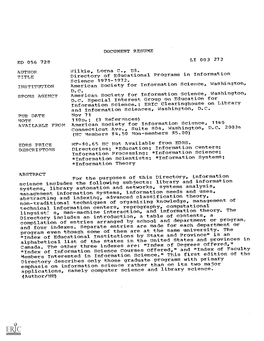 Directory of Educational Programs in Information Science 1971-1972