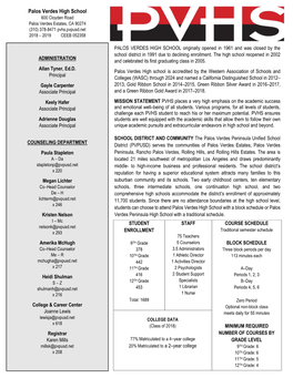 Palos Verdes High School 600 Cloyden Road Palos Verdes Estates, CA 90274 (310) 378-8471 Pvhs.Pvpusd.Net 2018 – 2019 CEEB 052358