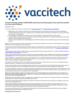 Vaccitech Oncology Limited's Chadox1/MVA Prime-Boost