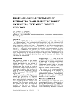 Bionematological Effectiveness of Kompovet B-4 (Waste Product of “Biovet” Jsc Peshtera) on ”In Vitro” Obtained Vine Crops