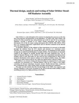 Thermal Design, Analysis and Testing of Solar Orbiter Stood- Off Radiator Assembly