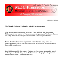 MDC Youth Chairman's Bail Ruling to Be Delivered Tomorrow MDC Youth