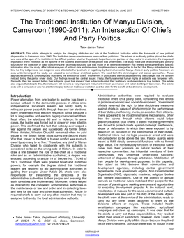 The Traditional Institution of Manyu Division, Cameroon (1990-2011): an Intersection of Chiefs and Party Politics