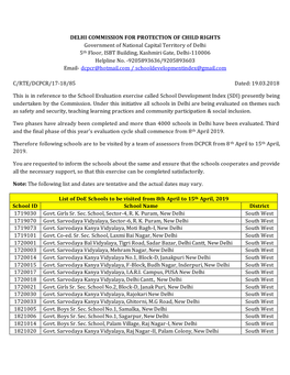 DELHI COMMISSION for PROTECTION of CHILD RIGHTS Government of National Capital Territory of Delhi 5Th Floor, ISBT Building, Kashmiri Gate, Delhi-110006 Helpline No