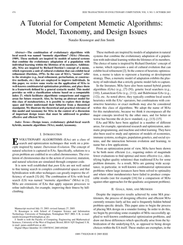 A Tutorial for Competent Memetic Algorithms: Model, Taxonomy, and Design Issues Natalio Krasnogor and Jim Smith