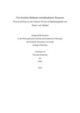 Von Brutalen Barbaren Und Dekadenten Despoten Sword and Sorcery Als Fantasy Fiction Im Spannungsfeld Von ‚Natur‘ Und ‚Kultur‘