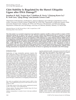 Cdc6 Stability Is Regulated by the Huwe1 Ubiquitin Ligase After DNA Damage□D Jonathan R