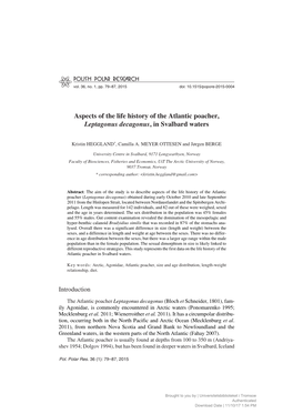 Aspects of the Life History of the Atlantic Poacher, Leptagonus Decagonus, in Svalbard Waters