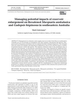 Managing Potential Impacts of Reservoir Enlargement on Threatened Macquaria Australasica and Gadopsis Bispinosus in Southeastern Australia