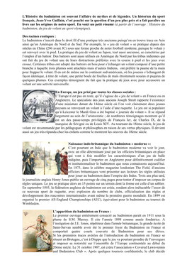 L'histoire Du Badminton Est Souvent L'affaire De Mythes Et De Légendes. Un Historien Du Sport Français, Jean-Yves Guillain