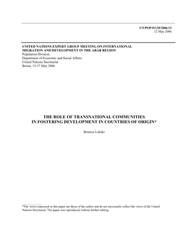 The Role of Transnational Communities in Fostering Development in Countries of Origin*