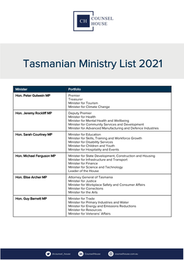 Tasmanian Ministry List 2021