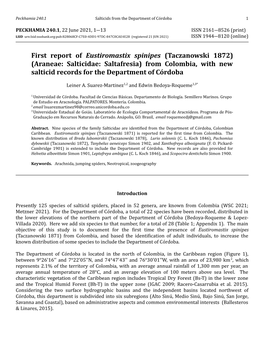 First Report of Eustiromastix Spinipes (Taczanowski 1872) (Araneae: Salticidae: Saltafresia) from Colombia, with New Salticid Records for the Department of Córdoba