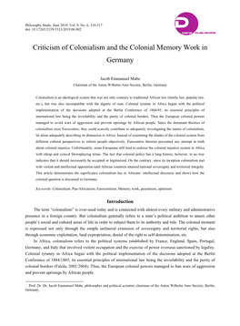 Criticism of Colonialism and the Colonial Memory Work in Germany