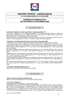Rapport Sportif – Saison 2008-09 Du 1Er Decembre 2008 Au 31 Octobre 2009