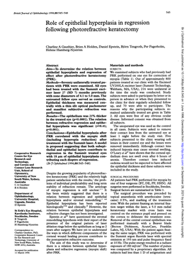 Role of Epithelial Hyperplasia in Regression Following Photorefractive Keratectomy Br J Ophthalmol: First Published As 10.1136/Bjo.80.6.545 on 1 June 1996