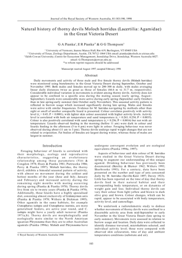 Natural History of Thorny Devils Moloch Horridus (Lacertilia: Agamidae) in the Great Victoria Desert