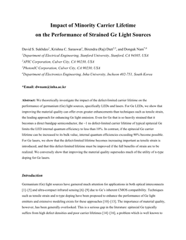 Impact of Minority Carrier Lifetime on the Performance of Strained Ge Light Sources