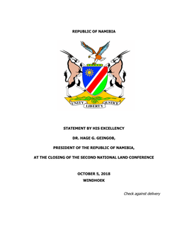 Republic of Namibia Statement by His Excellency Dr. Hage G. Geingob, President of the Republic of Namibia, at the Closing Of
