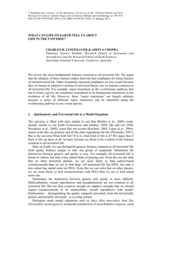 WHAT CAN LIFE on EARTH TELL US ABOUT LIFE in the UNIVERSE? CHARLES H. LINEWEAVER & ADITYA CHOPRA Planetary Science Institut