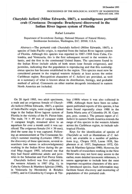 Charybdis Hellerii (Milne Edwards, 1867), a Nonindigenous Portunid Crab (Crustacea: Decapoda: Brachyura) Discovered in the Indian River Lagoon System of Florida
