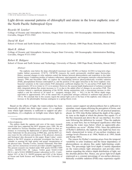 Light Driven Seasonal Patterns of Chlorophyll and Nitrate in the Lower Euphotic Zone of the North Paci®C Subtropical Gyre