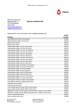 Cancer Product List 4310 Rheinfelden Switzerland Info@Milananalytica.Ch