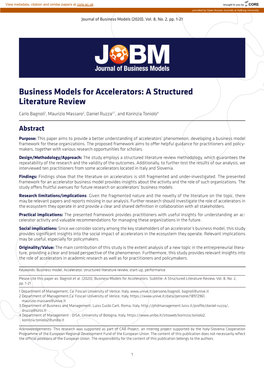 Business Models for Accelerators: a Structured Literature Review