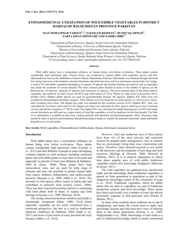 Ethnomedicinal Utilization of Wild Edible Vegetables in District Harnai of Balochistan Province-Pakistan