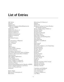 List of Entries & Readers Guide