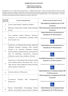 OBWIESZCZENIE Wójta Gminy Gorzkowice Z Dnia 9 Kwietnia 2020 Roku