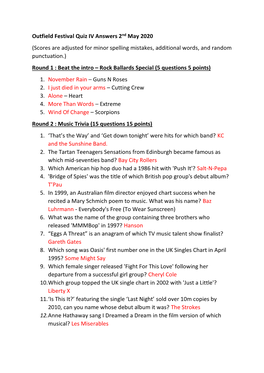 Outfield Festival Quiz IV Answers 2Nd May 2020 (Scores Are Adjusted For