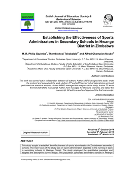 Establishing the Effectiveness of Sports Adminisrators in Secondary Schools in Hwange District in Zimbabwe