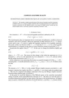 COMPLEX LEGENDRE DUALITY for a Function Ψ