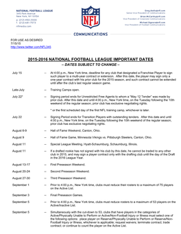 2015-2016 National Football League Important Dates – Dates Subject to Change –