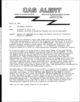 COUNCIL of ACADEMIC SOCIETIES March 19, 1985 TO: CAS Member Societies ASSOCIATION of AMERICAN MEDICAL COLLEGES 1 Dupont Circle