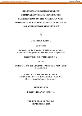 Religion and Homosexuality Criminalization in Uganda: the Contribution of the American Anti- Homosexual Evangelicals Towards the 2014 Anti-Homosexuality Law