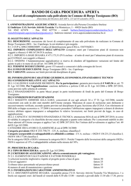 BANDO DI GARA PROCEDURA APERTA Lavori Di Completamento Sala Polivalente in Comune Di Borgo Tossignano (BO) (Determina Del Direttore Dell’ASP N