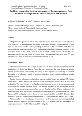 Problems in Assessing Focal Parameters to Earthquake Sequences from Historical Investigation: the 1427 Earthquakes in Catalonia