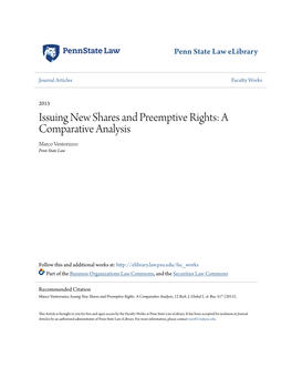 Issuing New Shares and Preemptive Rights: a Comparative Analysis Marco Ventoruzzo Penn State Law