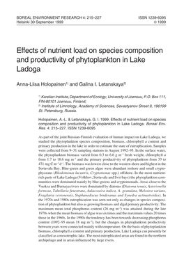 Effects of Nutrient Load on Species Composition and Productivity of Phytoplankton in Lake Ladoga
