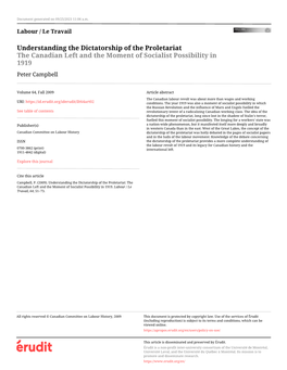 Understanding the Dictatorship of the Proletariat the Canadian Left and the Moment of Socialist Possibility in 1919 Peter Campbell