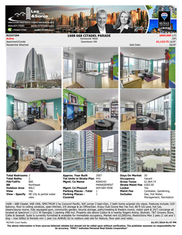 1608 668 CITADEL PARADE $899,000 (LP) Active Vancouver West (SP) Apartment/Condo Downtown VW $1,123.75 L$/SF Residential Attached Sold Date: S$/SF