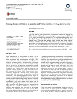 Research Paper Survey of Some Wild Birds in Akhmim and Tahta Districts