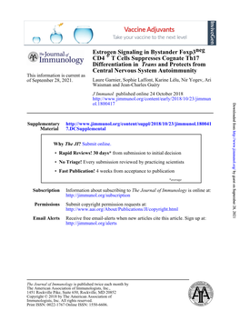 Estrogen Signaling in Bystander Foxp3neg CD4+ T Cells Suppresses Cognate Th17 Differentiation in Trans and Protects from Central Nervous System Autoimmunity