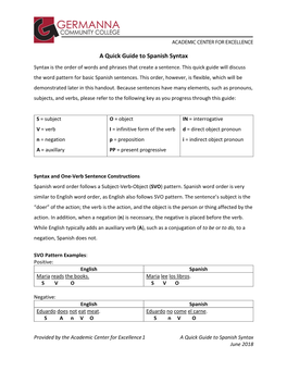 A Quick Guide to Spanish Syntax Syntax Is the Order of Words and Phrases That Create a Sentence